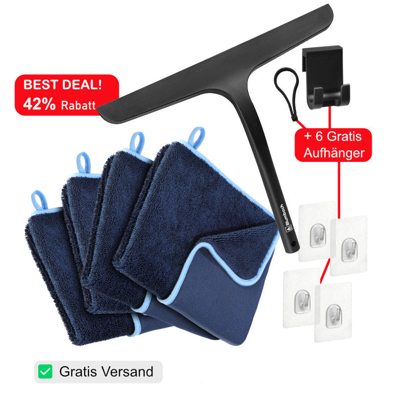 Silikon Duschabzieher schwarz + 4 Mikrofasertücher, Trockentücher Dusche Bad Zubehör von Blumbach mit Rabatt Sparset