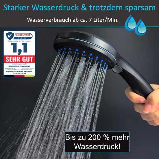 Blumbach Hochdruck Duschkopf schwarz Energy Rain, 9 Strahlarten, Massagestrahl, Duschbrause starker Strahl, Handbrause schwarz, Sparduschkopf