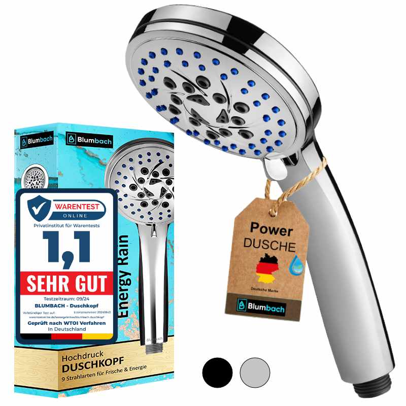 Blumbach Hochdruck Duschkopf Energy Rain, 9 Strahlarten, Massagestrahl, Duschbrause starker Strahl, Handbrause 