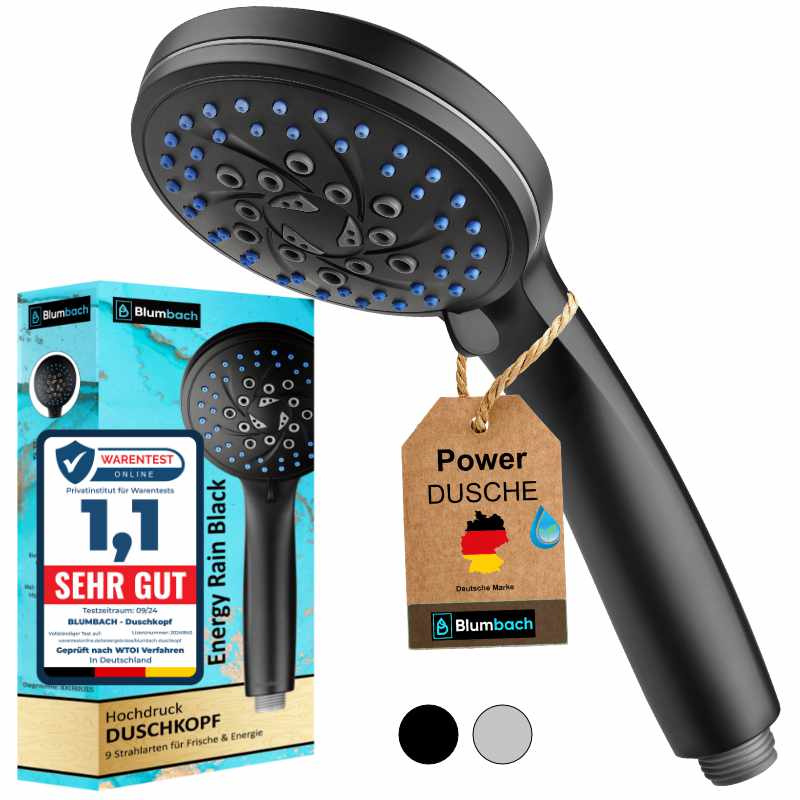Blumbach Hochdruck Duschkopf schwarz Energy Rain, 9 Strahlarten, Massagestrahl, Duschbrause starker Strahl, Handbrause schwarz