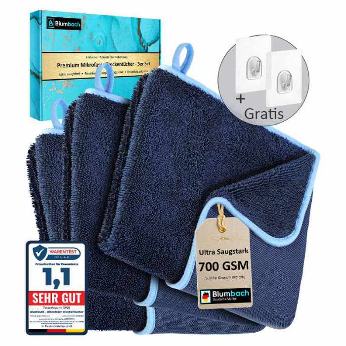 Mikrofasertuch Trockentuch Dusche Bad Auto - 3er et mit 2 gratis Klebehaken von Blumbach - Microfaser Putztuch