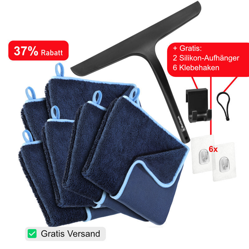 Silikon Duschabzieher schwarz, Abzieher Dusche Set + 6 Mikrofasertücher, Trockentücher Dusche Bad Zubehör von Blumbach mit Rabatt