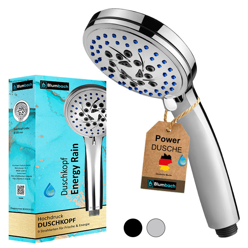 Hochdruck Duschkopf Energy Rain - mit 9 tollen Strahlarten, chrom oder schwarz